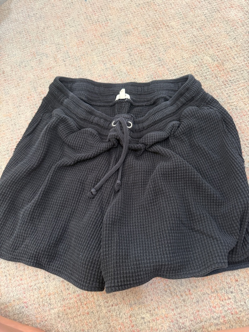 aerie Black Waffle-Knit Drawstring Lounge Shorts